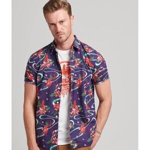 Superdry & Co Hawaiian Button Shirt Short Sleeve Navy Lily AOP Sz Large Worn One